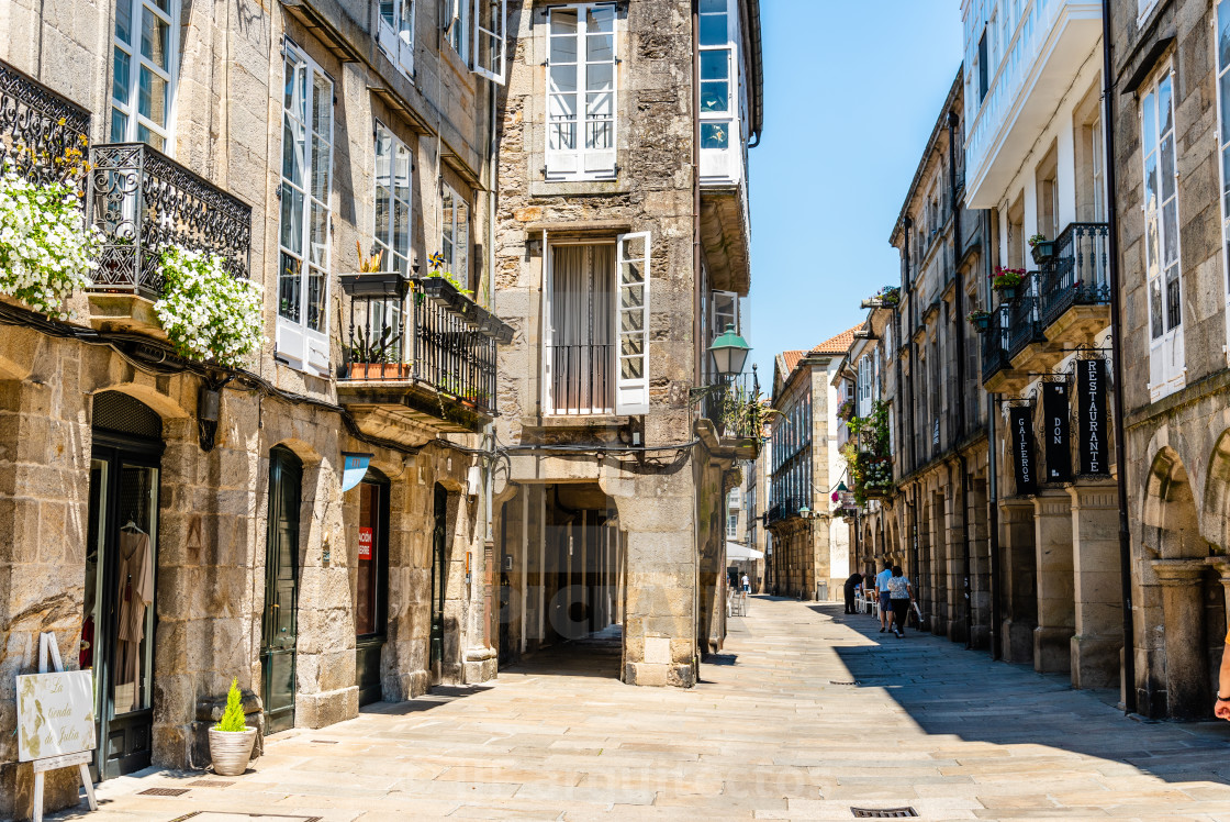 "Old street with arcades in Santiago de Compostela" stock image