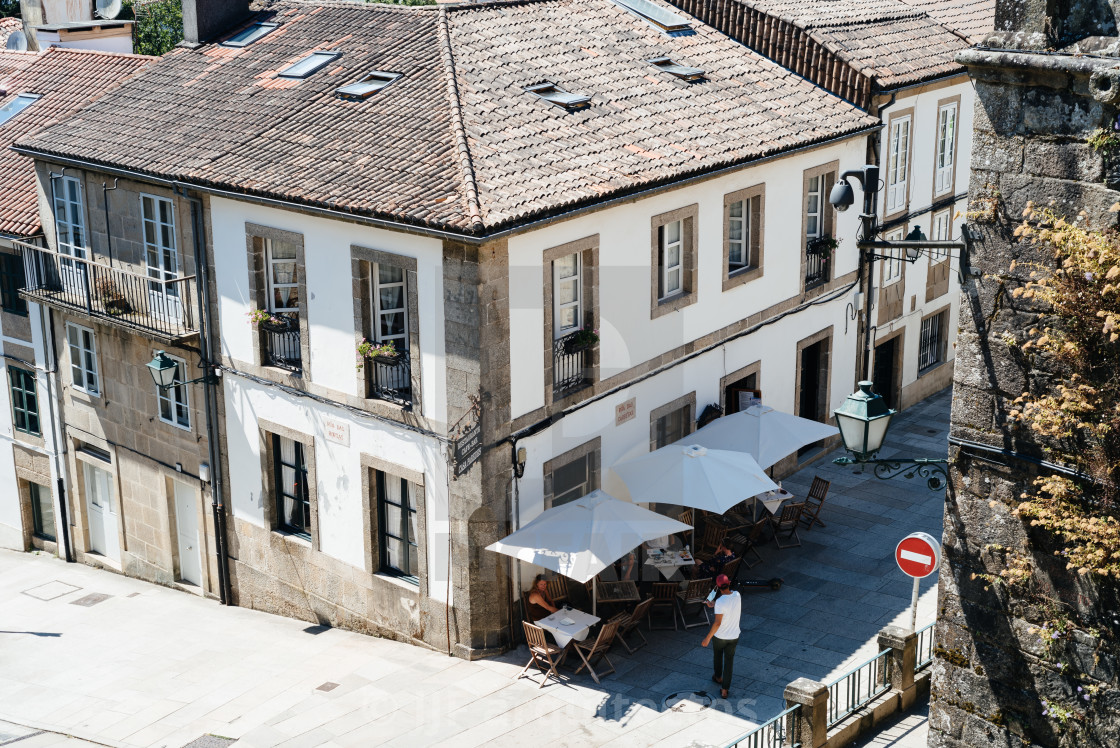 "Restaurant with terrace in historical centre of Santiago de Compostela" stock image