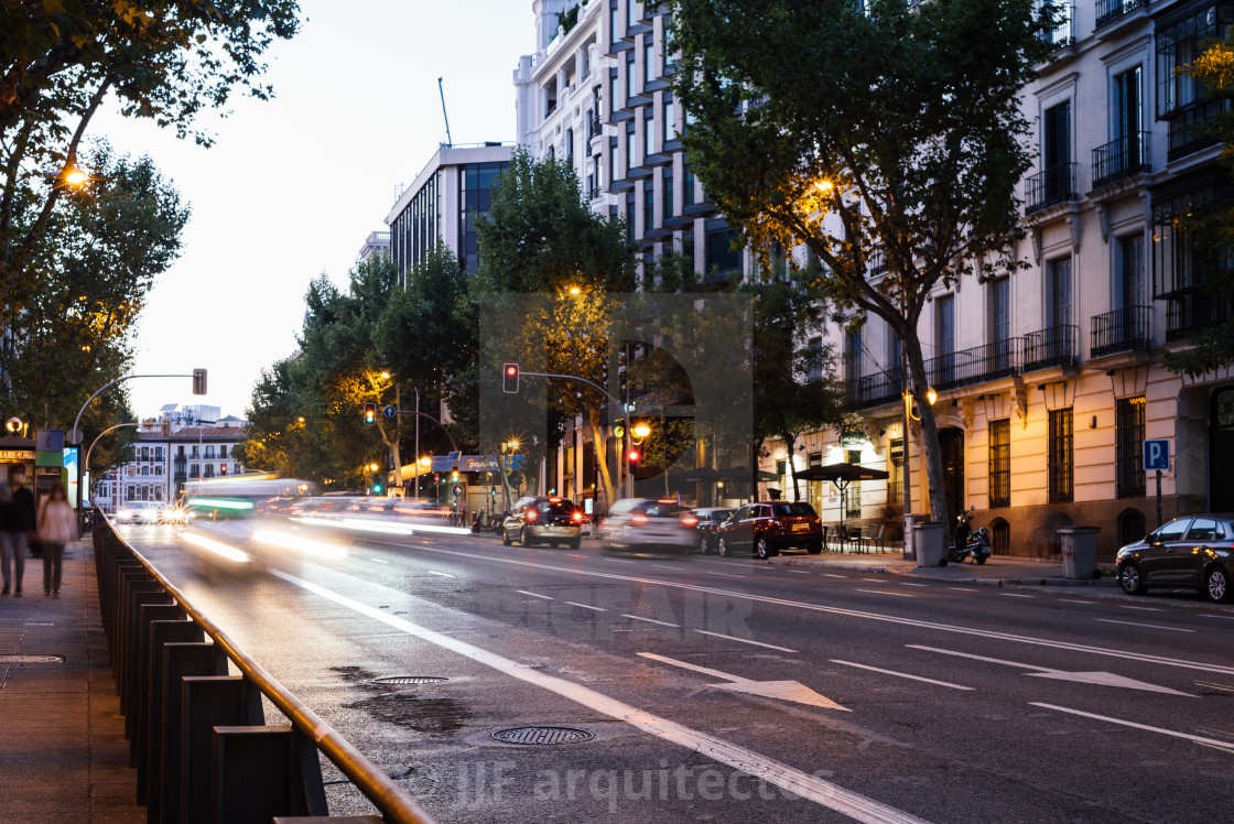 "Long Exposure of street with traffic light trails in Madrid" stock image