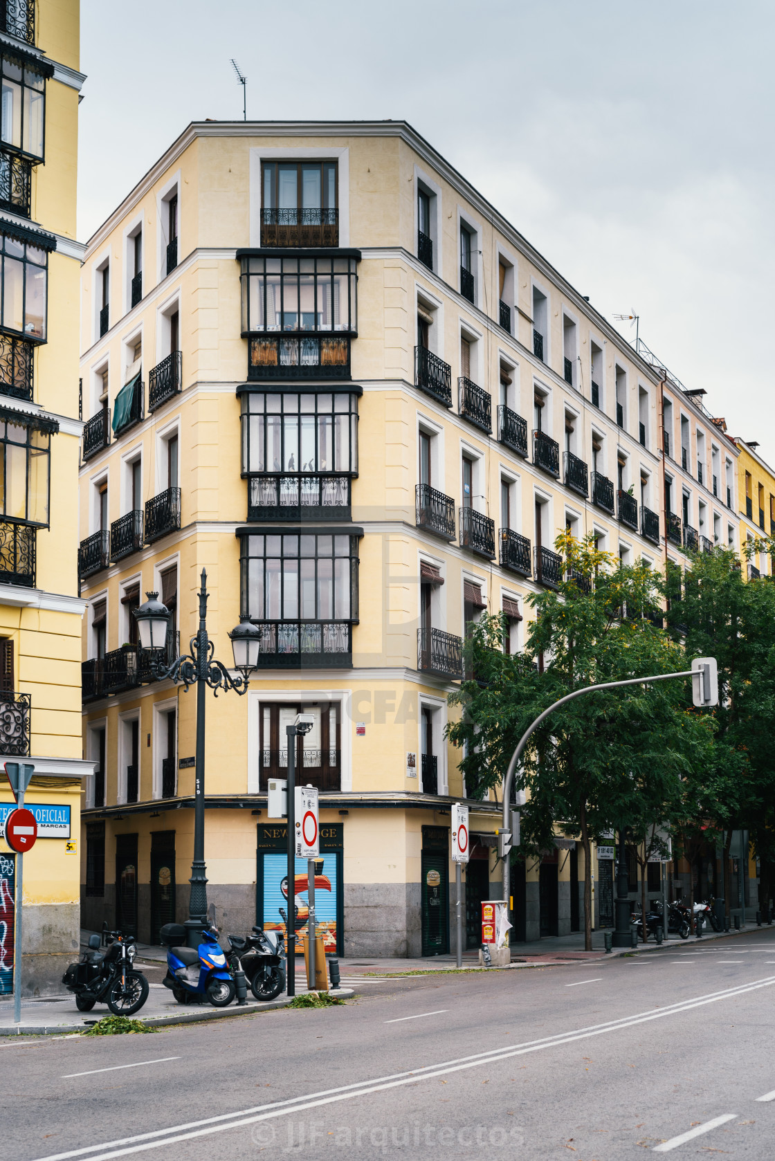 "Old residential buildings in Bailean street, Madrid" stock image