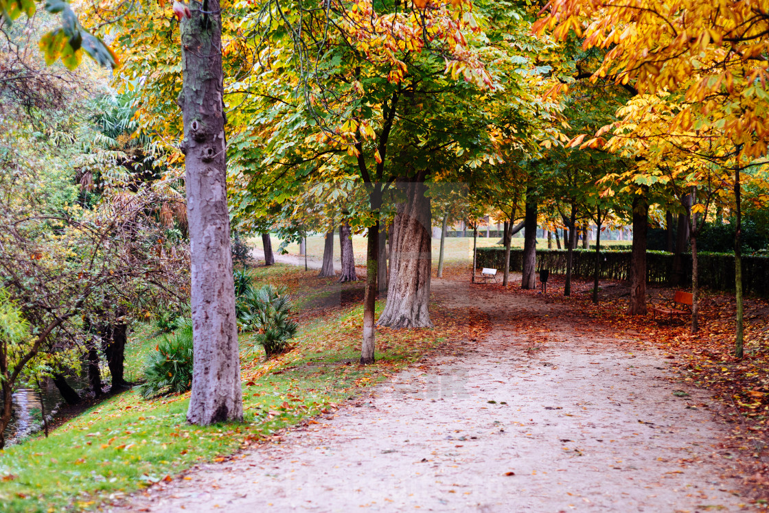 "Scene of the Buen Retiro Park in Madrid during the fall with vibrant colors" stock image