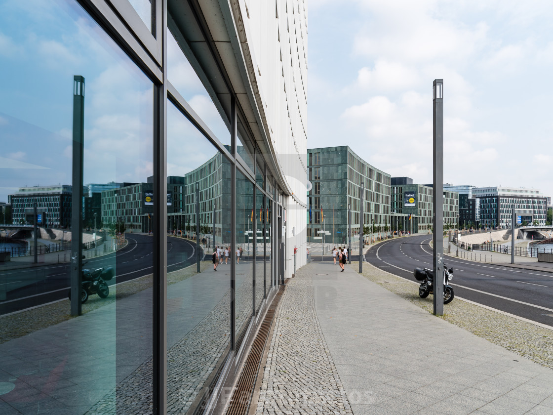 "Modern office buildings in government district in Berlin Mitte against sky" stock image