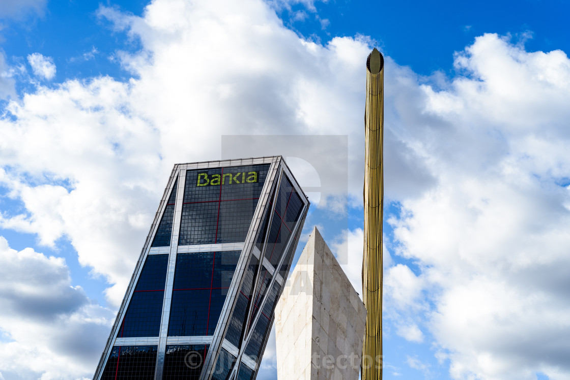 "Caja Madrid Obelisk in Plaza Castilla Square against KIO leaning Towers in MAdrid" stock image