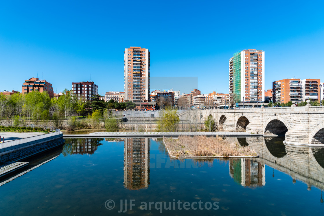 "Madrid Rio. Bridge of Segovia and Puerta del Angel quarter" stock image