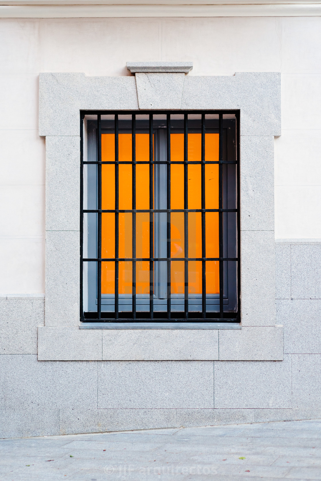 "Close-Up Detail of Window with Grille on a White Facade Background" by JJF arquitectos - £100.00 "Close-Up Detail of Window with Grille on a White Facade Background" stock image