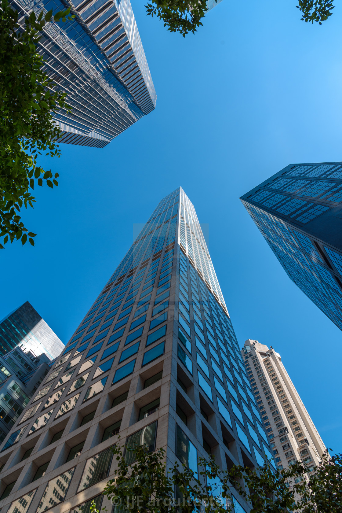 "Directly below view of skyscrapers in New York" stock image