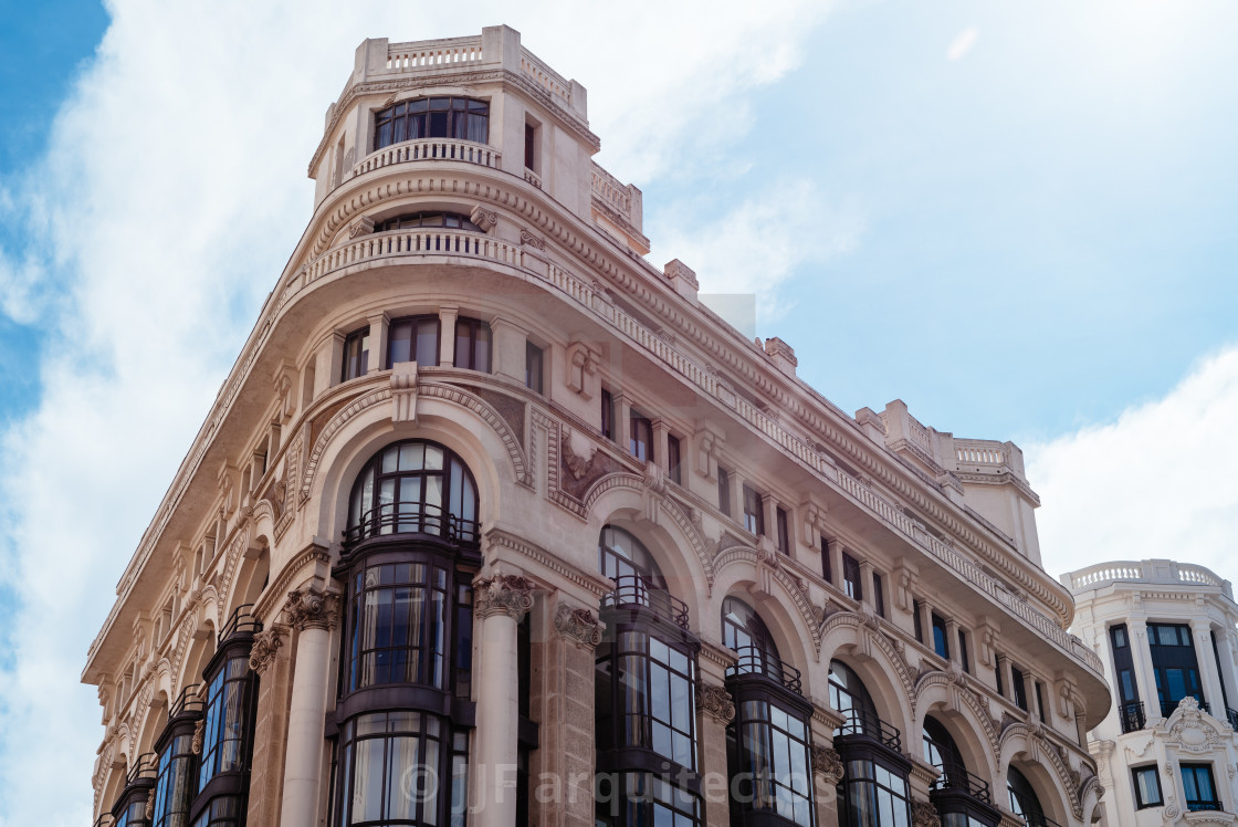 "Historic buildings in Gran Via Avenue in Madrid" stock image