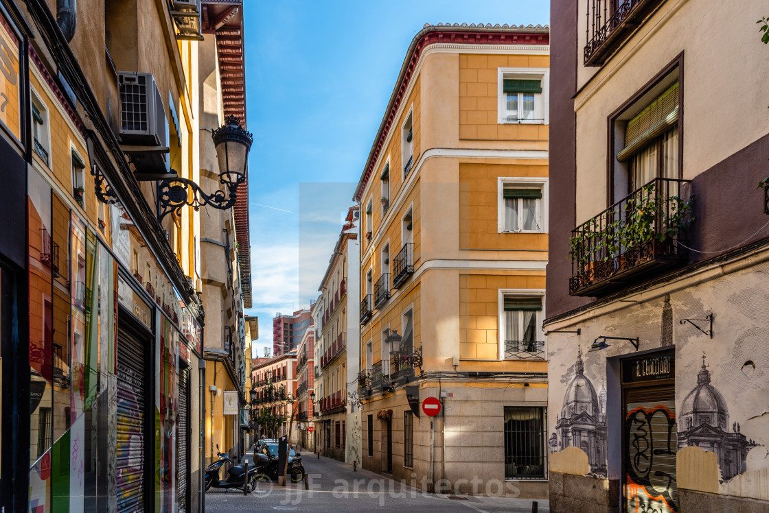 "Street in the quarter of Las Letras in Central Madrid" stock image