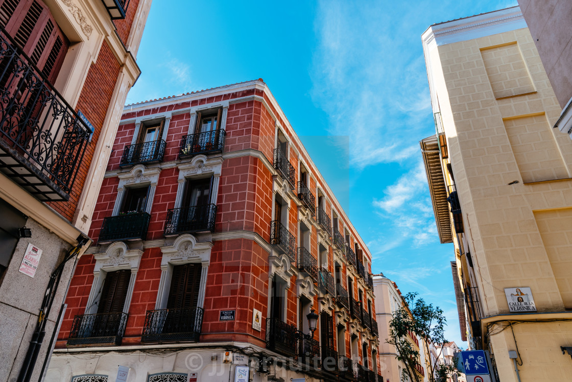 "Traditional residential buildings in Barrio ofLas Letras in central Madrid." stock image