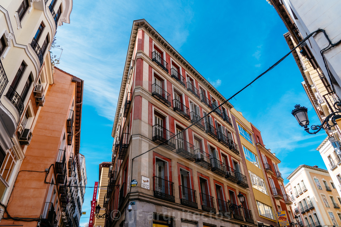 "Traditional residential buildings in central Madrid, Spain" stock image