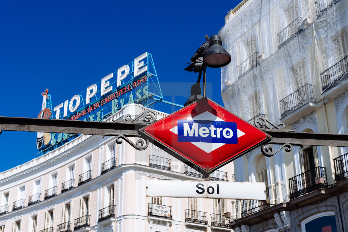 "Sol Metro station sign in Puerta del Sol in Madrid" stock image