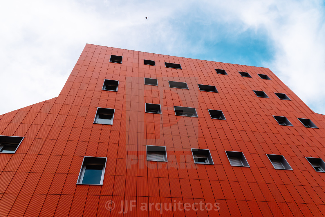 "Exterior view of San Manuel Gonzalez Church against sky. Ventilated ceramic facade" stock image