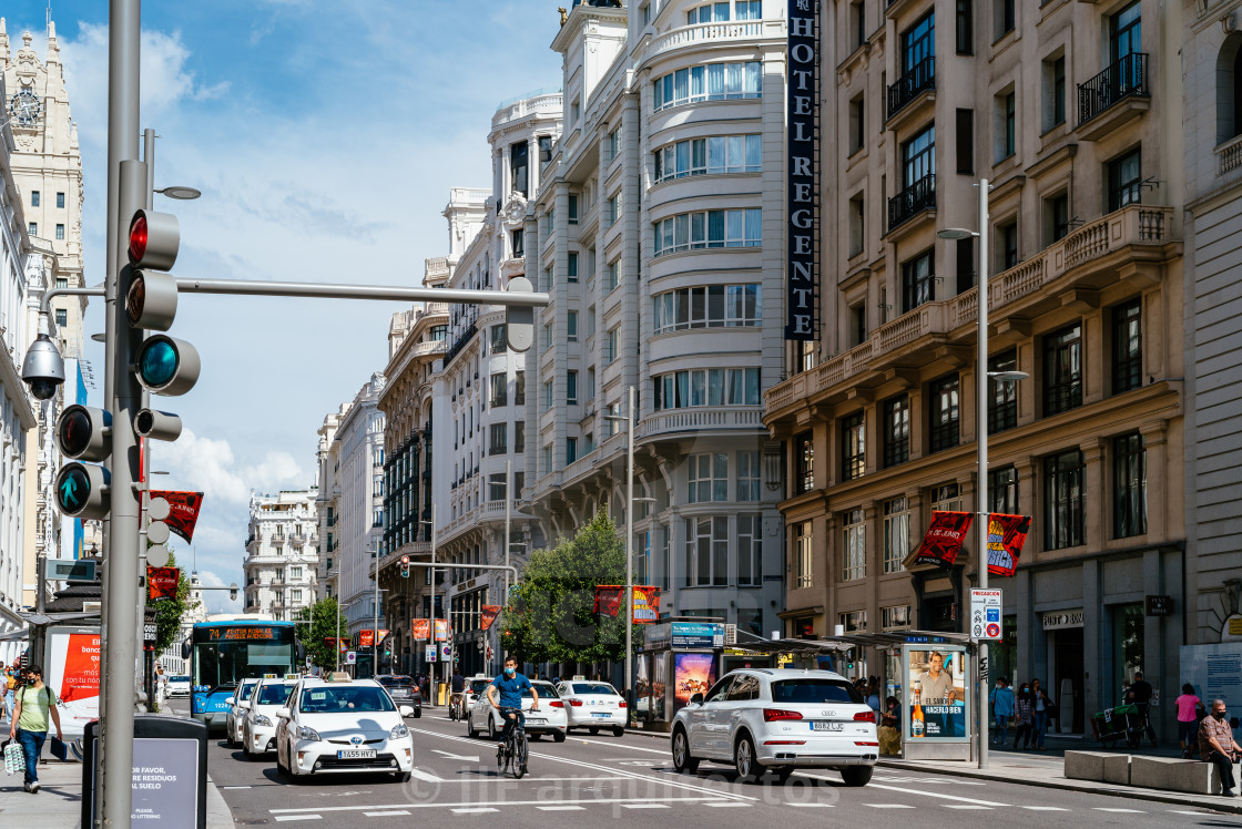 "Busy street scene in Gran Via Avenue in Madrid" stock image