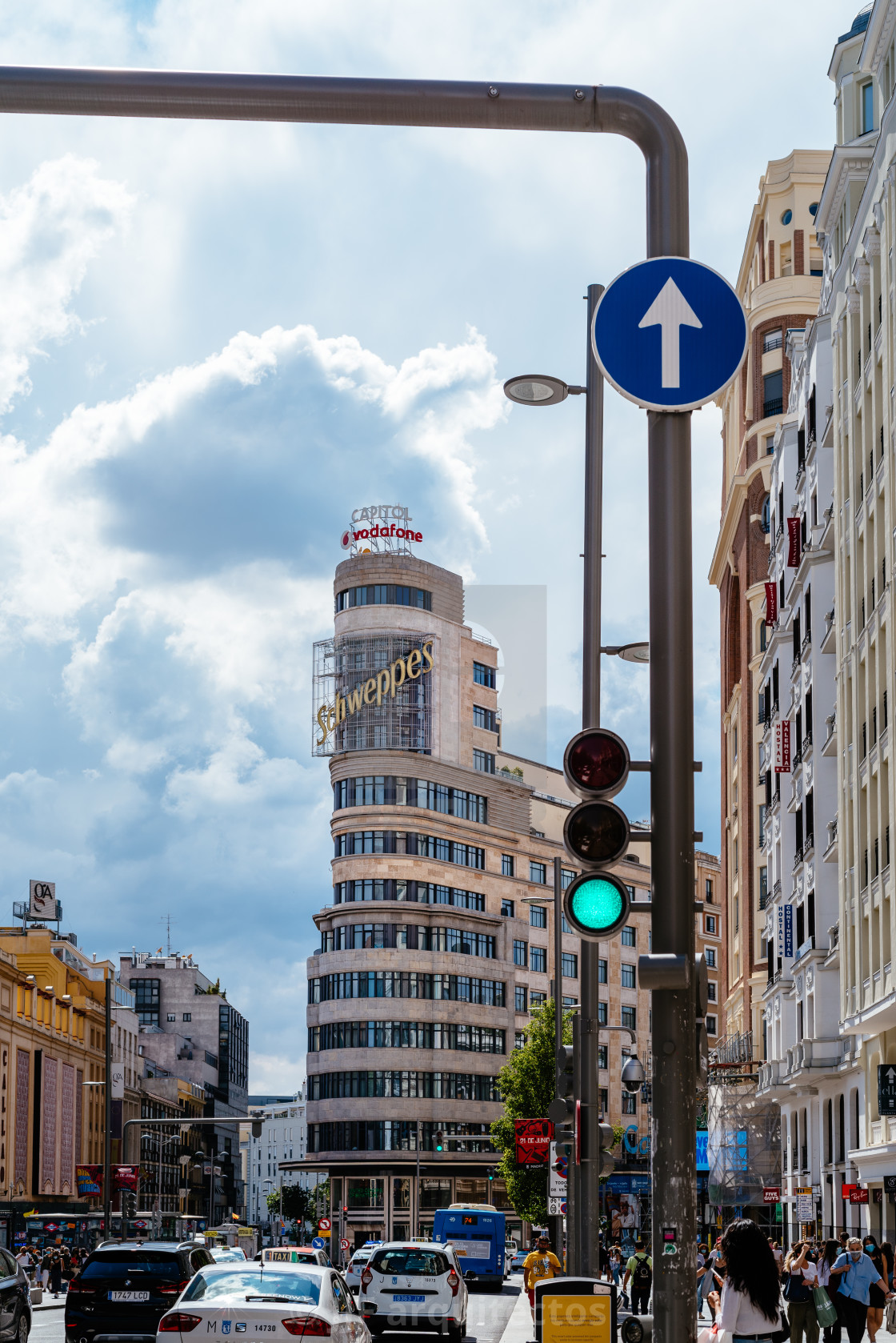 "Busy street scene in Gran Via Avenue in Madrid" stock image