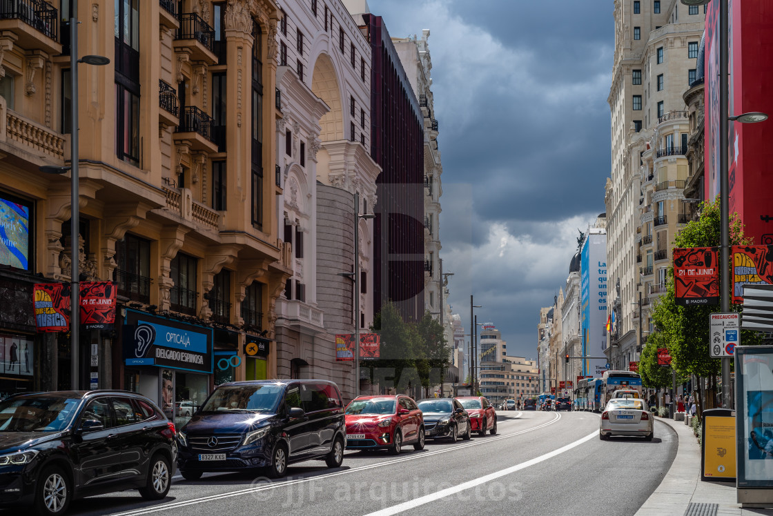 "Busy street scene in Gran Via Avenue in Madrid" stock image