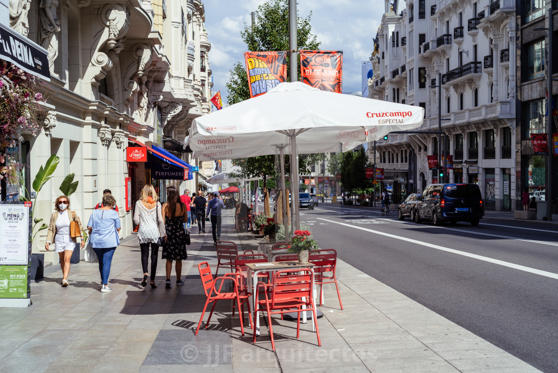 "Sidewalk cafe with umbrellas in Gran Via in Madrid" stock image