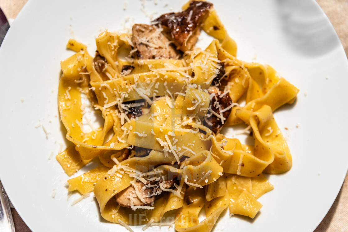 "Italian pasta with mushrooms and parmesan cheese" stock image