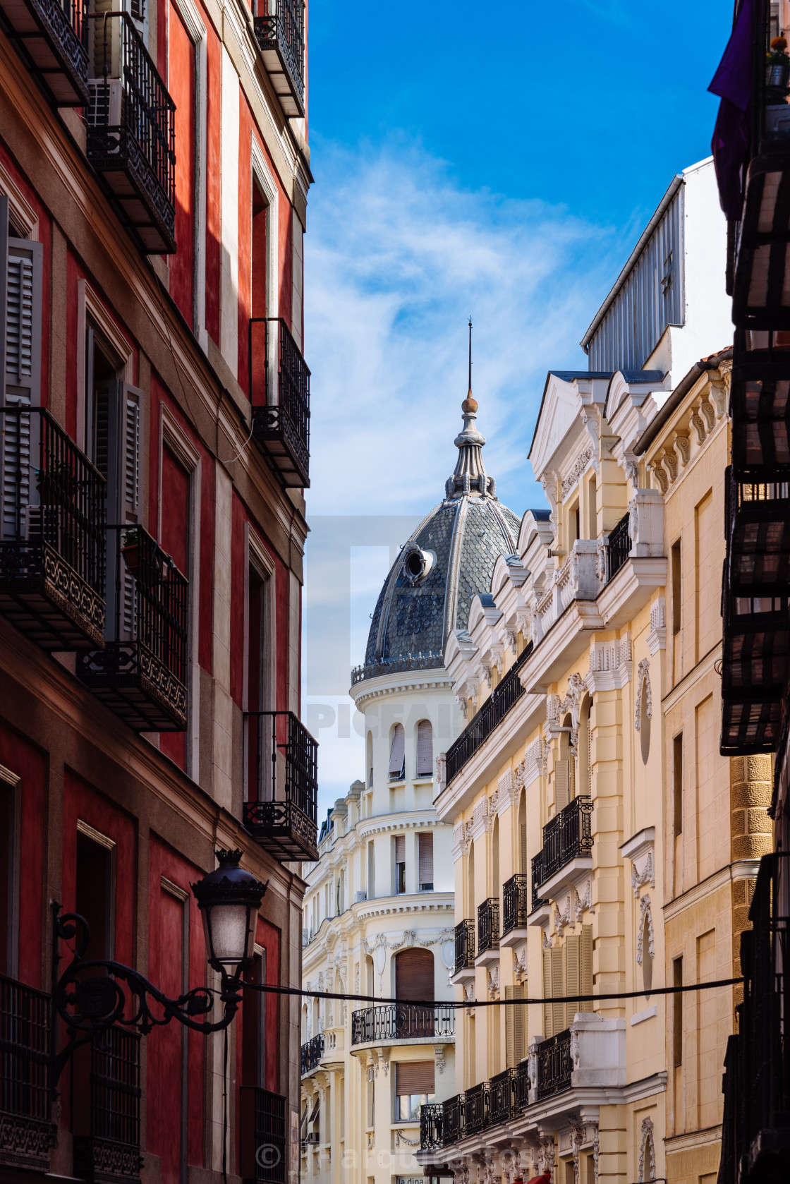 "View of narrow street in historic centre of Madrid, Spain" stock image