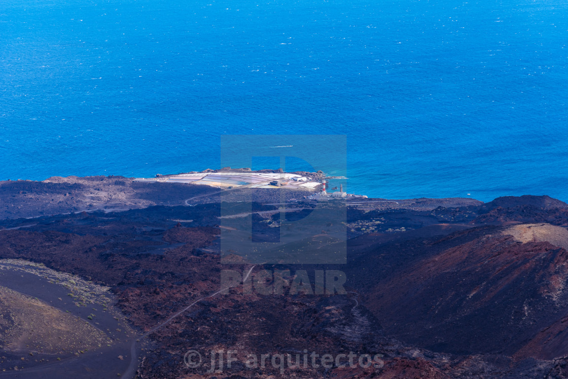 "Volcanic landscape, Lighthouse and salina of Fuencaliente, La Palma" stock image