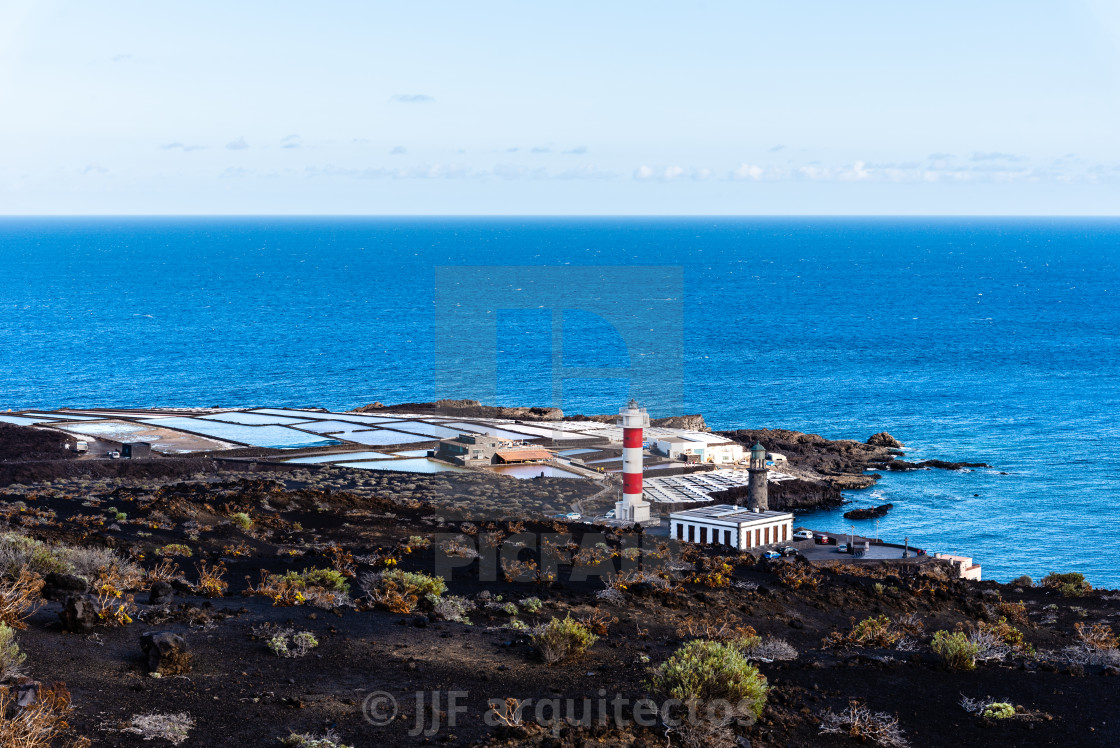 "Volcanic landscape, Lighthouse and salina of Fuencaliente, La Palma" stock image