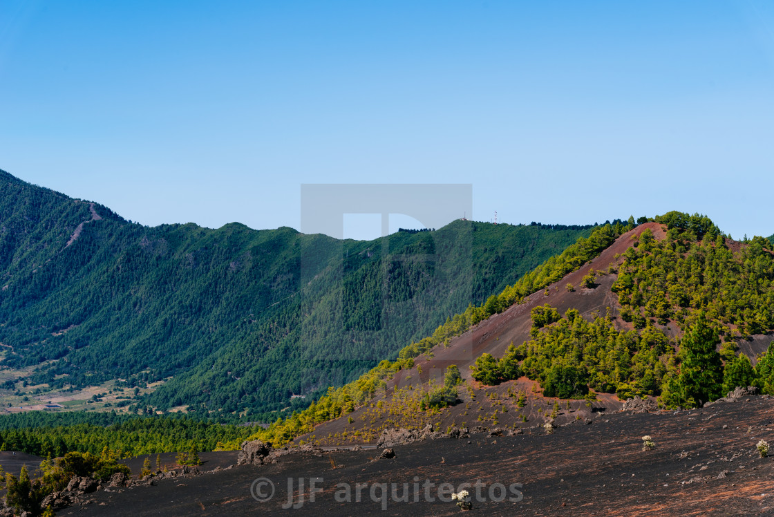 "National Park of Caldera de Taburiente from Llano del Jable Astronomical Viewpoint. Volcano of San Juan and Cabeza de Vaca" stock image