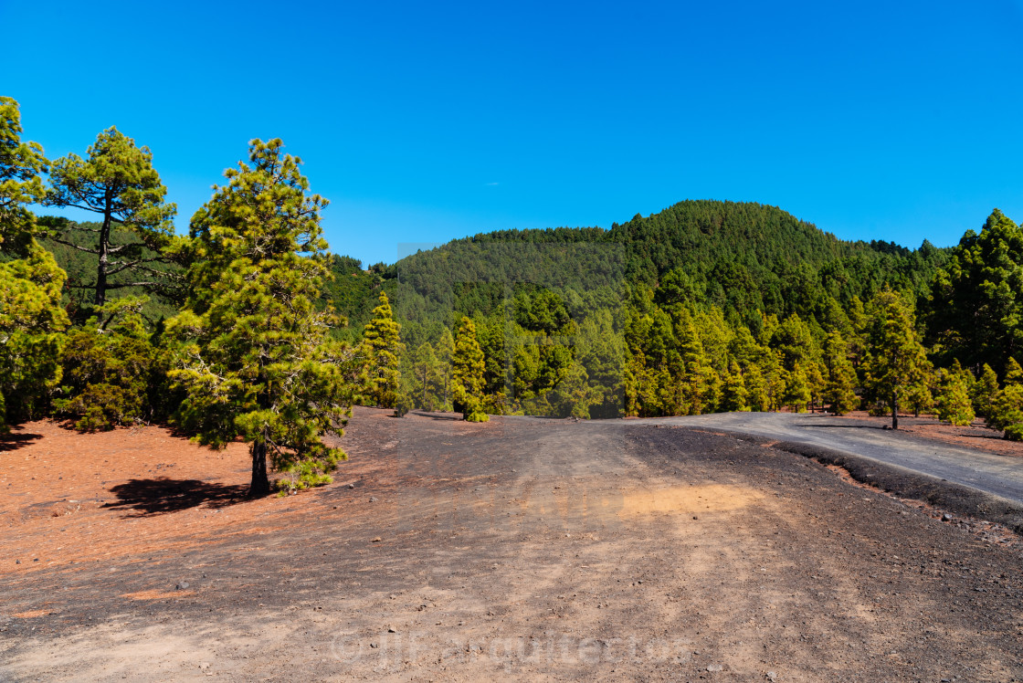 "National Park of Caldera de Taburiente from Llano del Jable Astronomical Viewpoint. Volcano of San Juan and Cabeza de Vaca" stock image