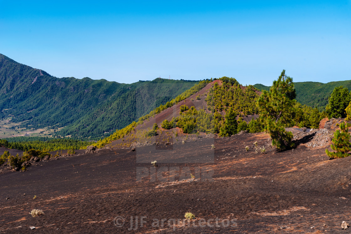 "National Park of Caldera de Taburiente from Llano del Jable Astronomical Viewpoint. Volcano of San Juan and Cabeza de Vaca" stock image