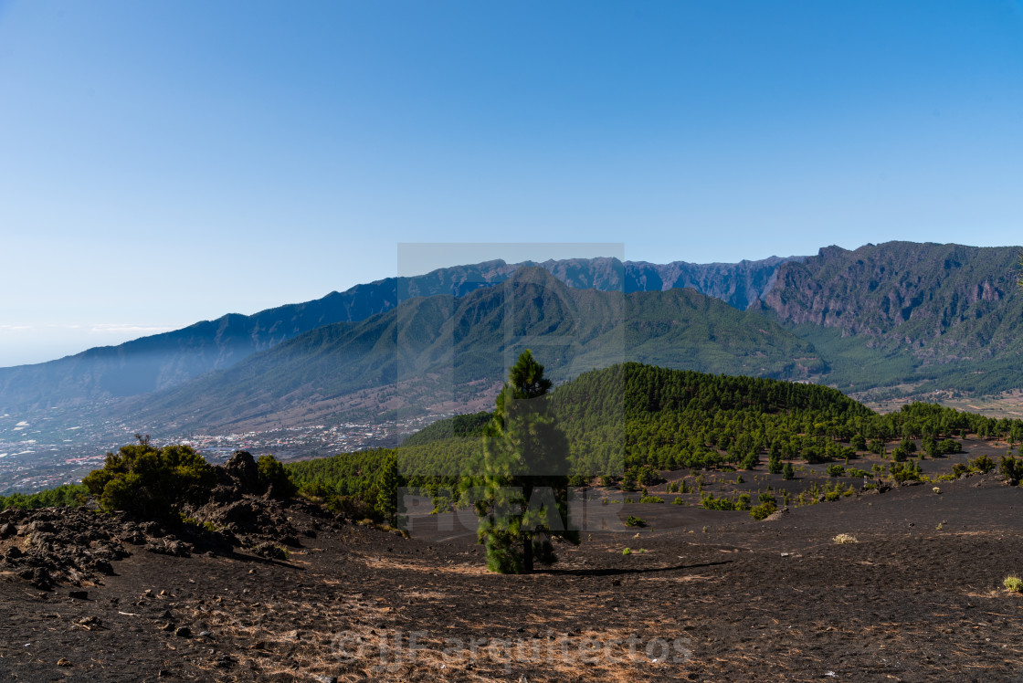 "National Park of Caldera de Taburiente from Llano del Jable Astronomical Viewpoint. Volcano of San Juan and Cabeza de Vaca" stock image