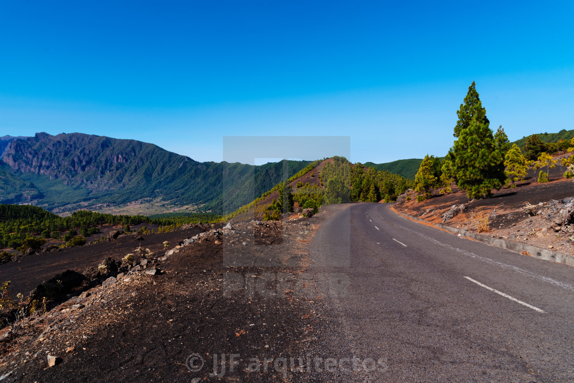 "National Park of Caldera de Taburiente from Llano del Jable Astronomical Viewpoint. Volcano of San Juan and Cabeza de Vaca" stock image