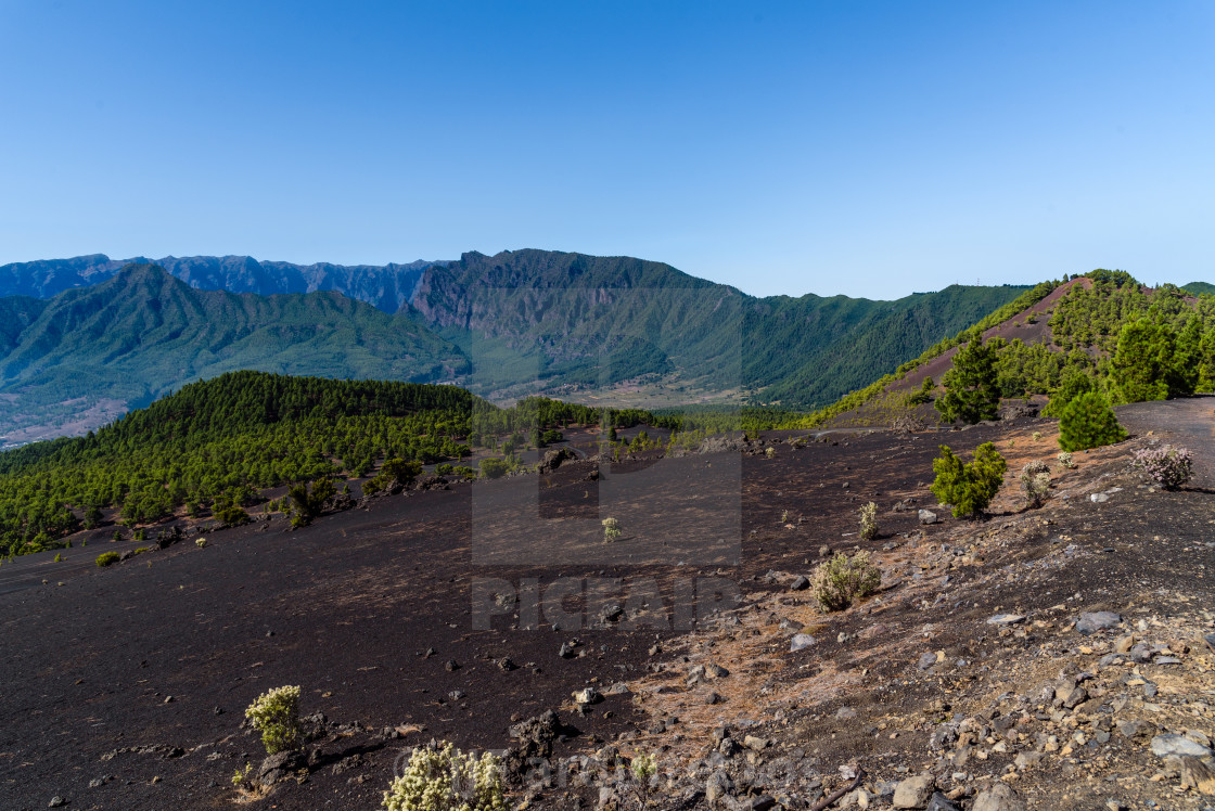 "National Park of Caldera de Taburiente from Llano del Jable Astronomical Viewpoint. Volcano of San Juan and Cabeza de Vaca" stock image