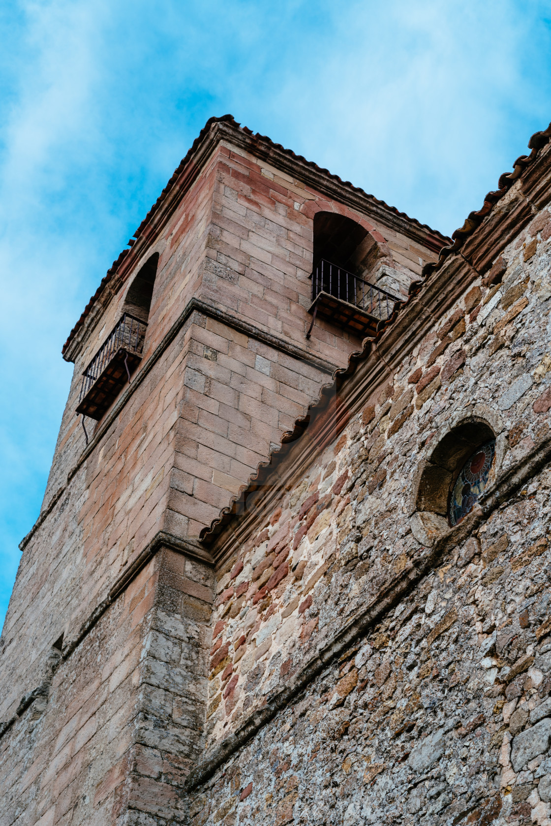 "Bell tower of the church and Museum of Holy Trinity in the historic town of Atienza" stock image