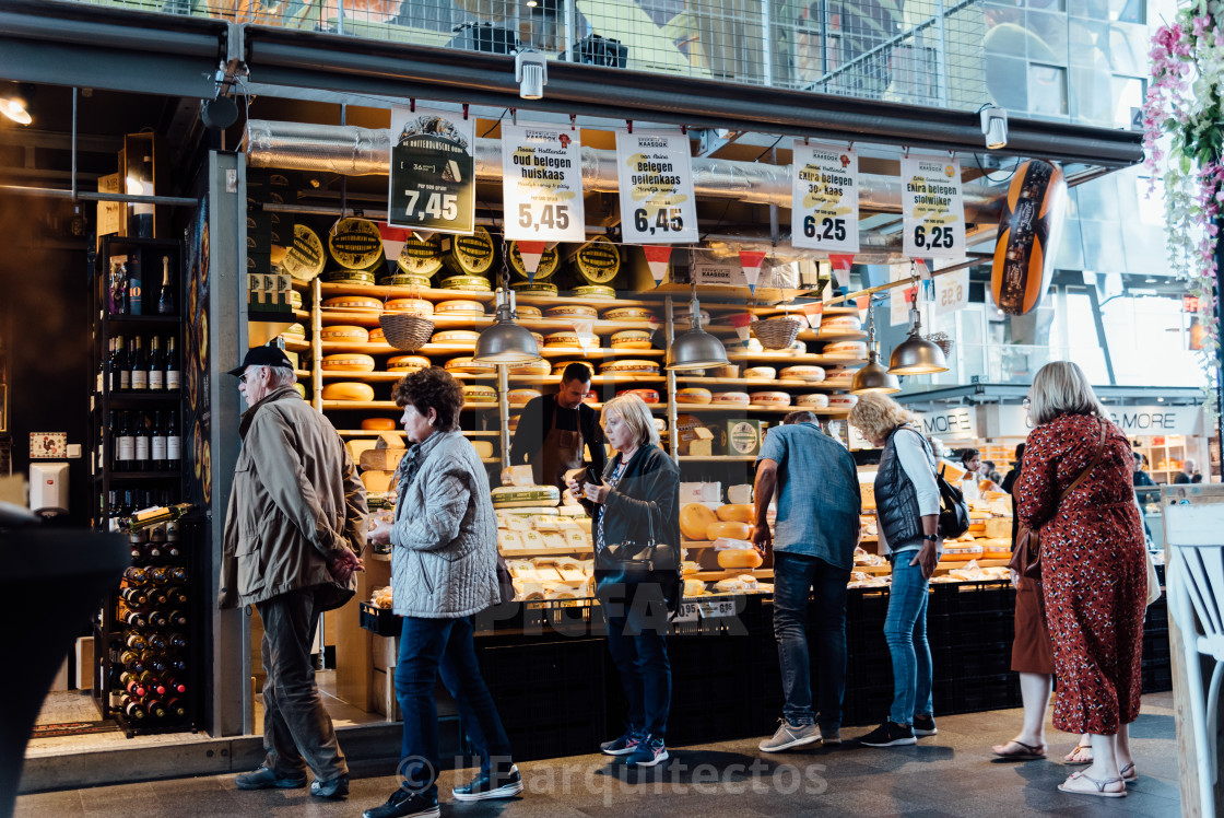 "Markthal Rotterdam Building by MVRDV architects. People shopping food" stock image