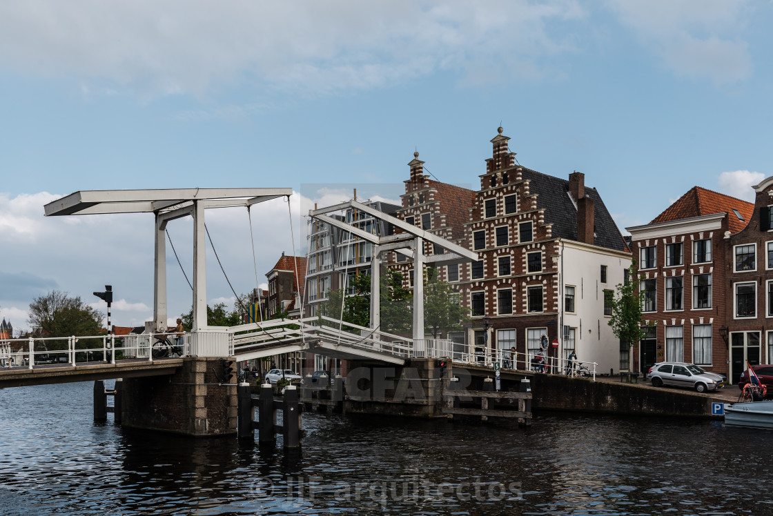 "Drawbridge over Spaarne river in Haarlem, Netherlands" stock image
