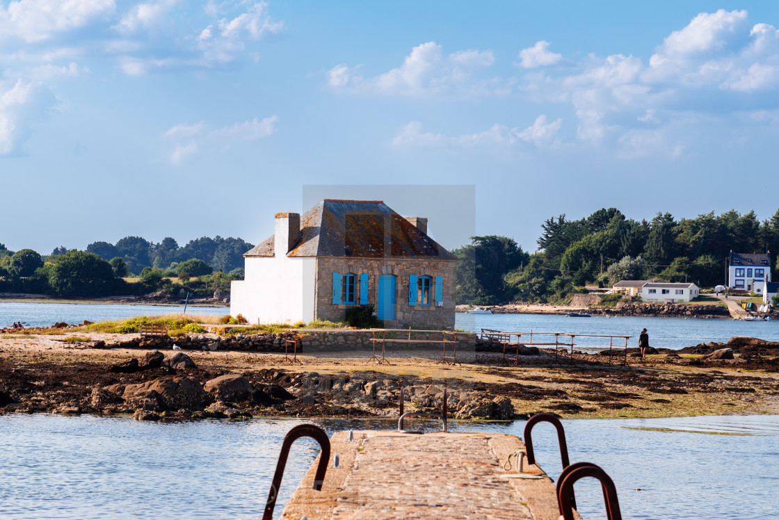 "Small island with a cottage in the Etel River, Ile de Saint-Cado, France" stock image