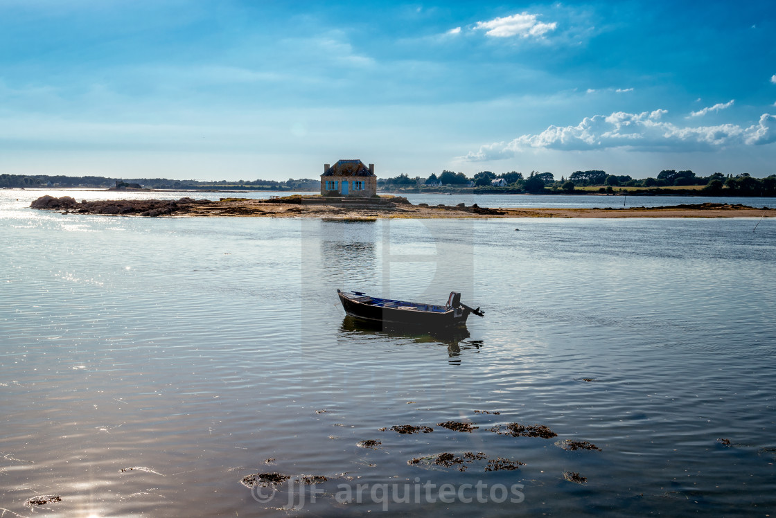 "Small island with a cottage in the Etel River, Ile de Saint-Cado, France" stock image