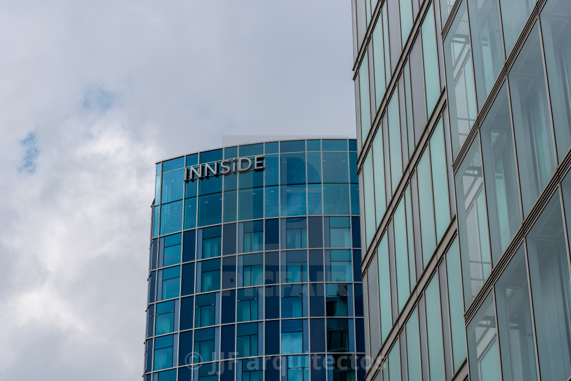 "Melia Innside Hotel skyscraper against sky in Amsterdam" stock image