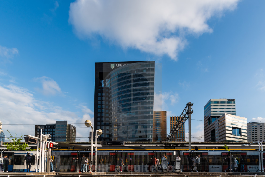 "Melia Innside Hotel skyscraper against sky in Amsterdam" stock image