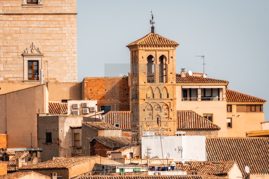 "Telephoto lens view of the of the tower of the church of San Miguel in Toledo" stock image