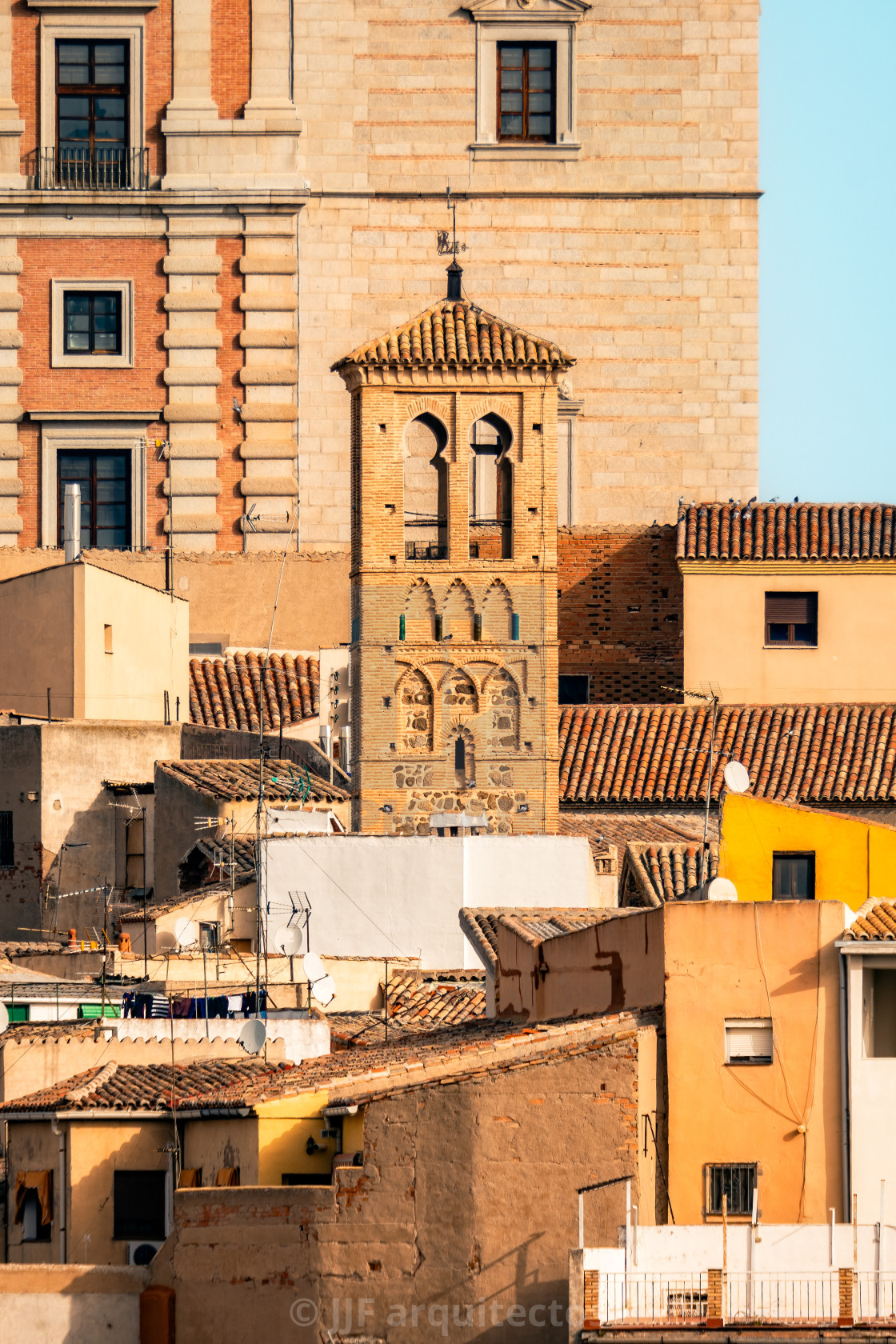 "Telephoto lens view of the of the tower of the church of San Miguel in Toledo" stock image