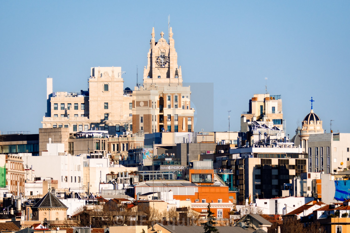 "Skyline of central Madrid at sunset. Gran Via area" stock image