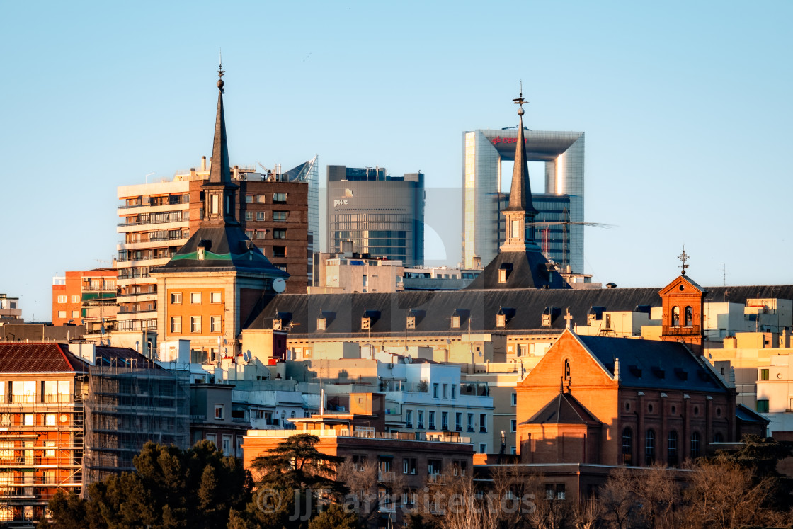 "Telephoto lens view of the skyline of the city of Madrid." stock image