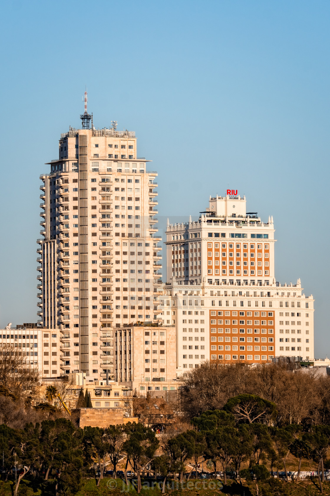 "Telephoto lens view of old skyscrapers in central Madrid" stock image