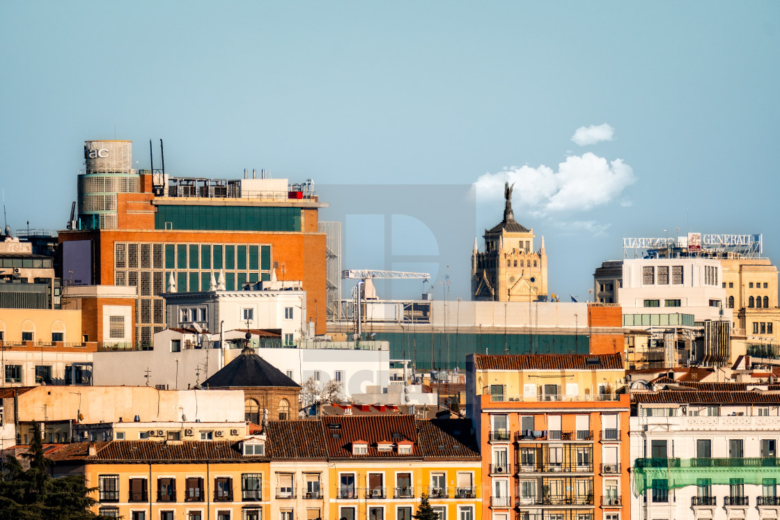 "Skyline of central Madrid at sunset. Gran Via area" stock image