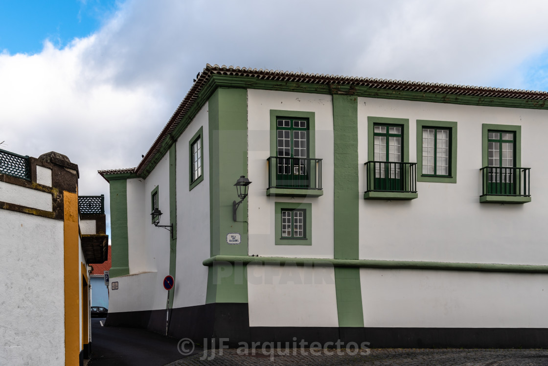 "Traditional colonial houses painted in vibrant colors in the old town of Angra do Heroismo" stock image