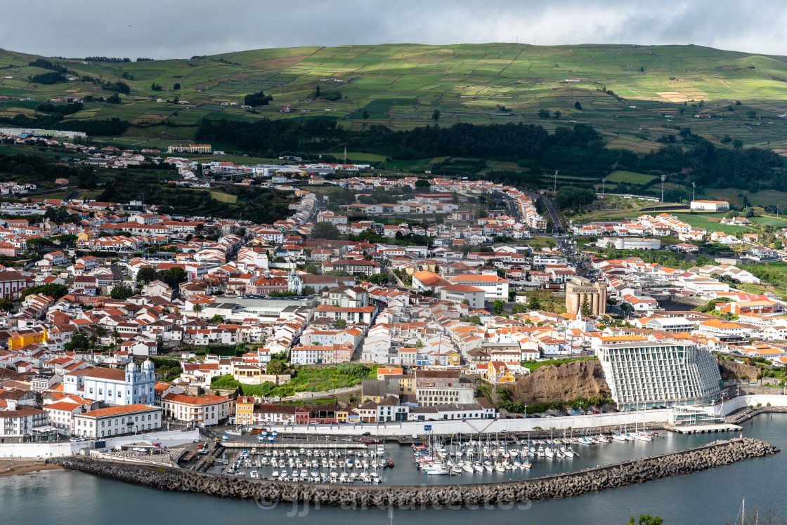 "Panoramic Aerial View of the old Town and the port of Angra do Heroismo" stock image