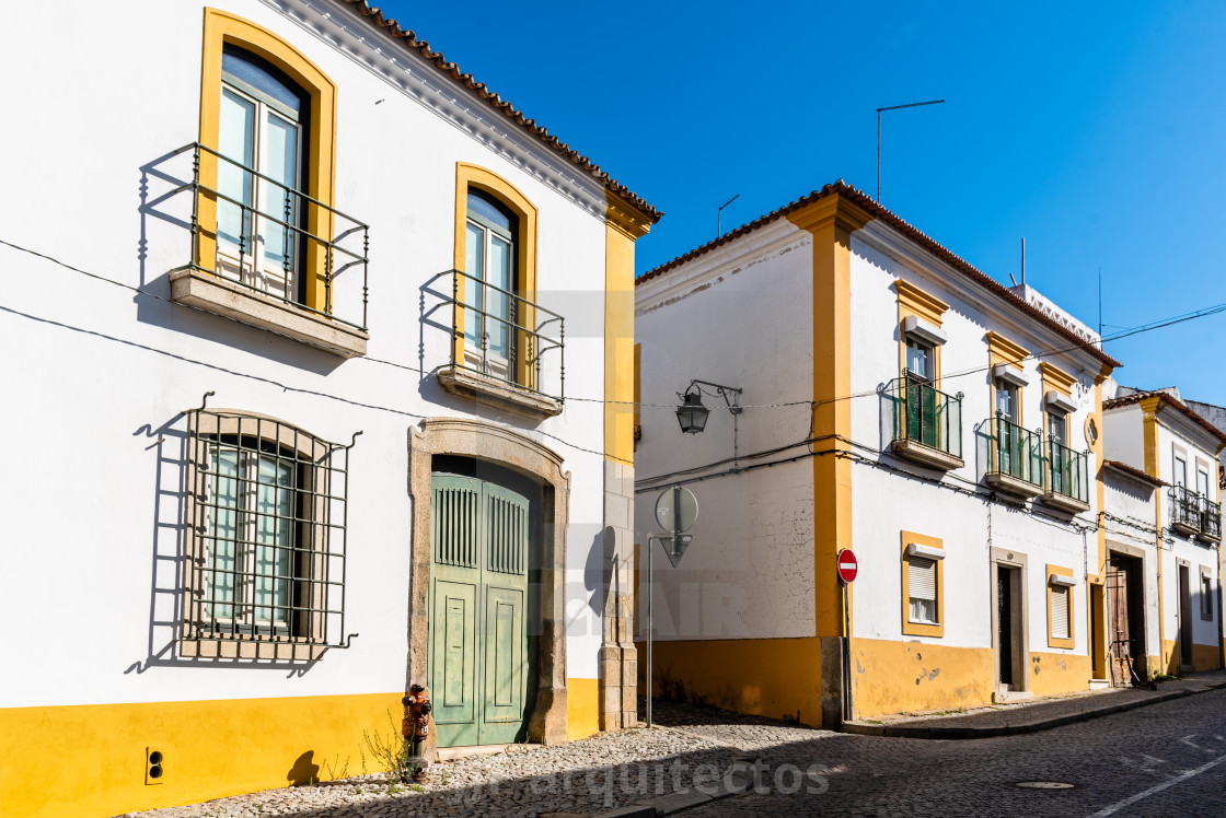 "Cityscape of Evora with typical houses painted in white" stock image