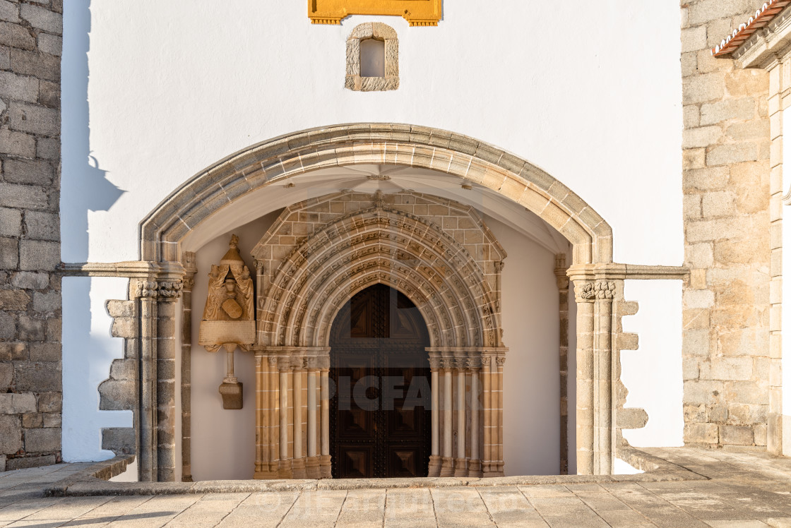 "Front of the church of Saint John the Evangelist in the old town of Evora" stock image