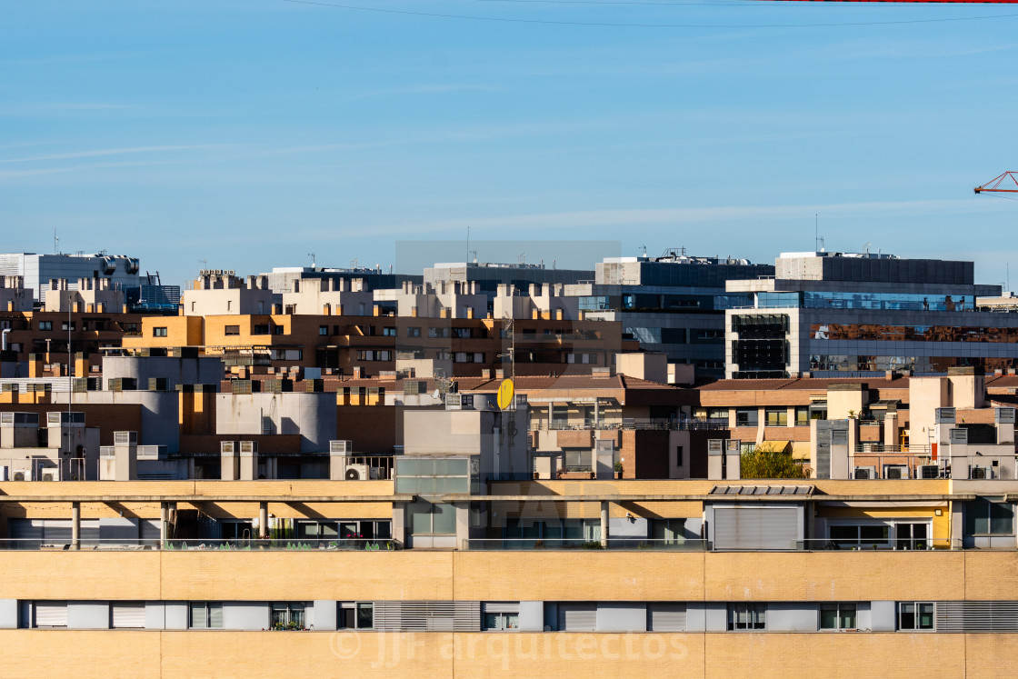 "Urban landscape of housing in the Las Tablas neighborhood of Madrid." stock image