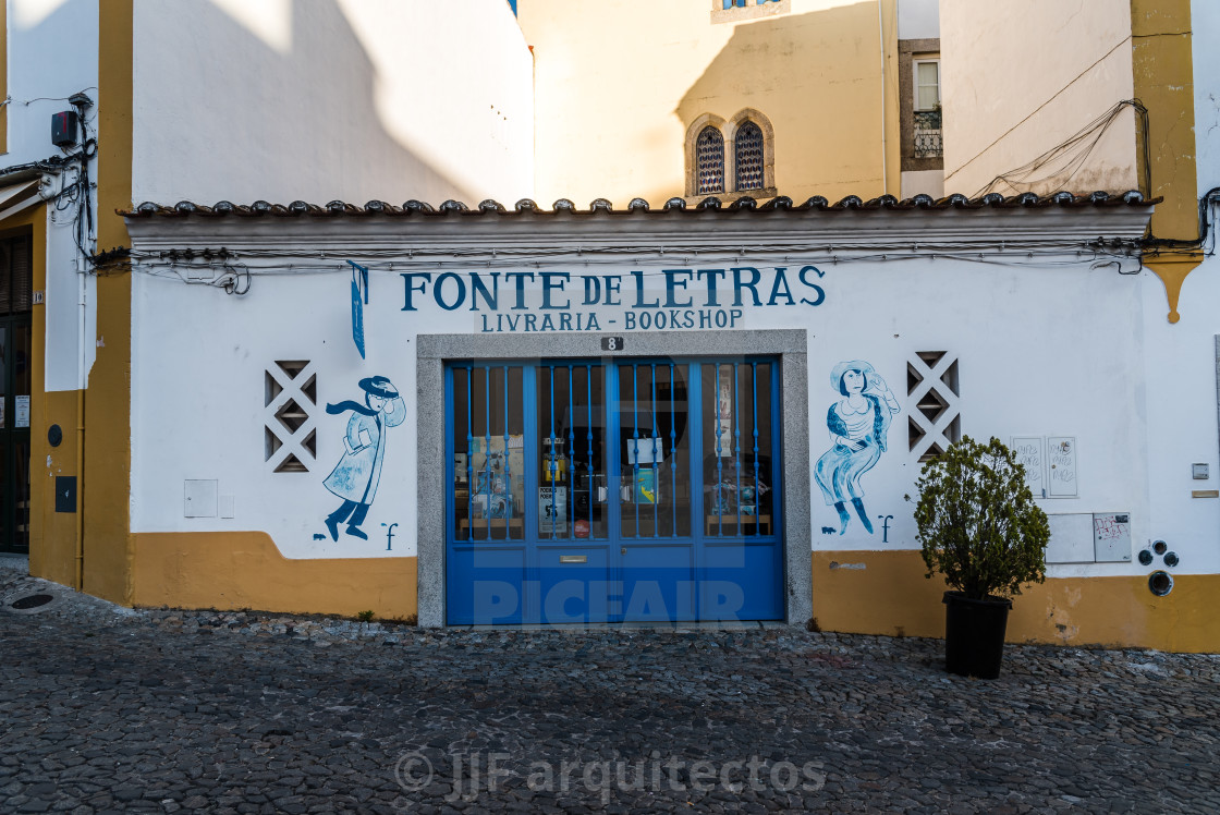 "Front of a bookstore in the old town of Evora" stock image