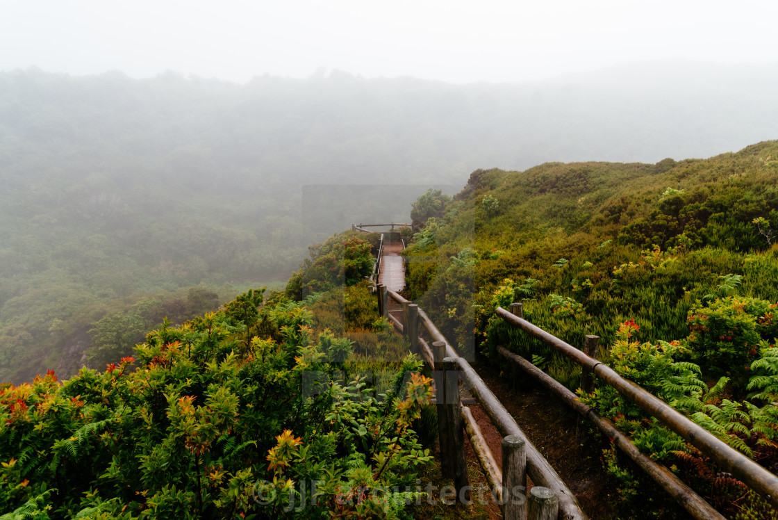 "Pathway through Furnas do Enxofre a foggy day of summer" stock image